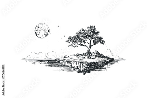 Floating island with ancient tree and moon in starry sky. Vector hand drawn illustration