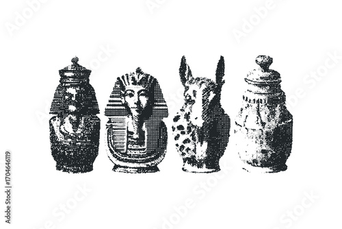 Ancient Egyptian Sphinx Bust and Vessels Collection. Vector hand drawn illustration