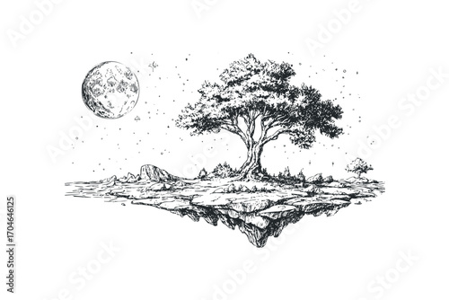 Floating island with a large tree and moon in a starry sky, hand drawn style. Vector hand drawn illustration