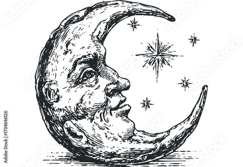 Human face crescent moon with starry sky outline. Vector hand drawn illustration