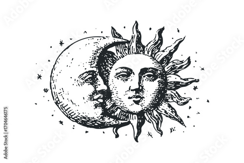 Sun and Moon faces celestial embrace with stars. Vector hand drawn illustration