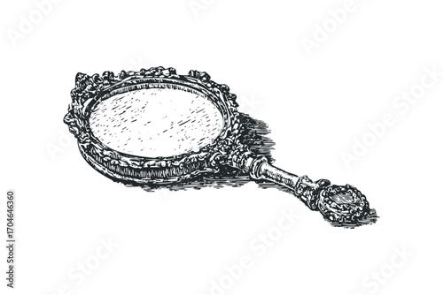 Antique ornate hand mirror with carved handle transparent. Vector hand drawn illustration