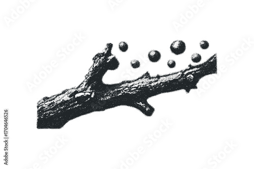 Abstract tree branch with floating spheres image. Vector hand drawn illustration
