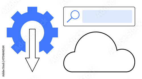 Gear with arrow pointing down, cloud outline, and search bar. Ideal for technology, data management, cloud computing, software, innovation, efficiency simple landing page