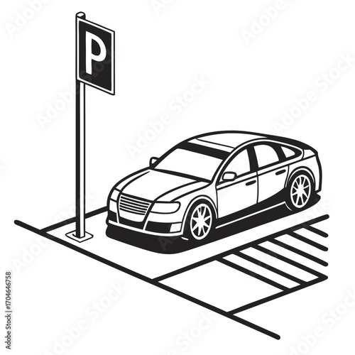 Isometric illustration of a modern sedan parked in a designated parking space with a parking sign