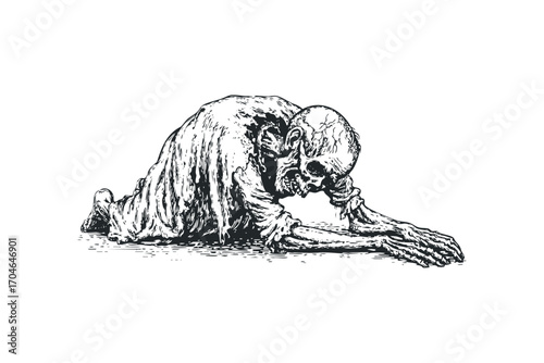 Distressed skeletal figure with tattered clothing in a dramatic pose. Vector hand drawn illustration