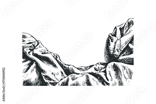 Hand drawn sketch of crumpled fabric folds on a white background. Vector hand drawn illustration