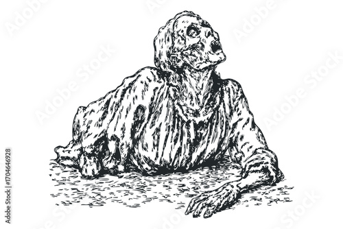 Sketch of a tormented zombie figure rising from the ground. Vector hand drawn illustration