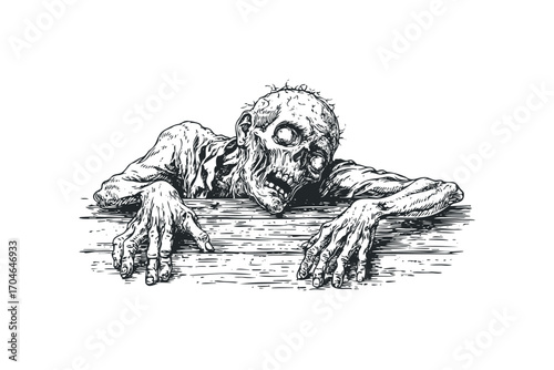 Horror zombie emerging from grave, horror illustration, transparent. Vector hand drawn illustration