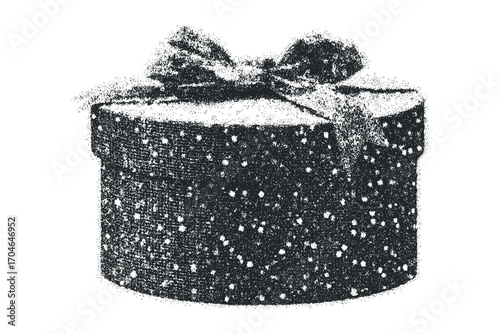 Textured round gift box with ribbon bow, isolated. Vector hand drawn illustration