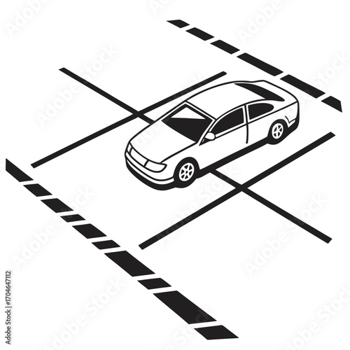 Isometric view of a sedan parked in a marked parking bay with dashed lines space automobile