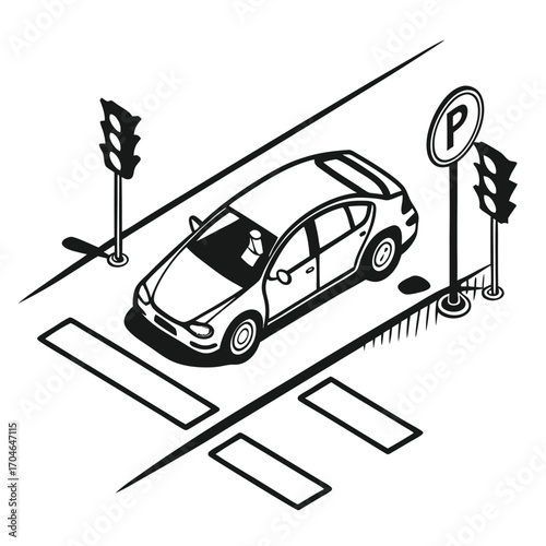 Isometric view of a sedan car at a crosswalk with traffic lights and parking signs pedestrian crossing