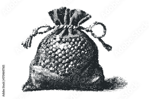 Distressed burlap sack with drawstring, image. Vector hand drawn illustration