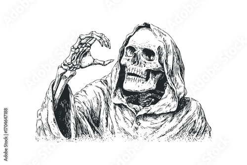 Grim Reaper Skull Skeleton with Hood on Transparent. Vector hand drawn illustration
