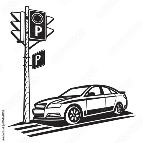 Sedan car at a pedestrian crossing with traffic lights and parking signs in black and white zebra crossing