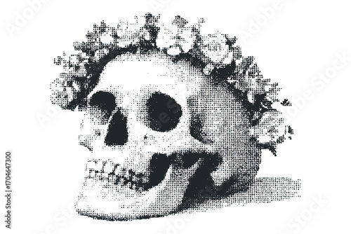 Skull with floral halo on transparent background. Vector hand drawn illustration