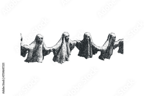 Scattered group of spooky phantoms holding hands in a line. Vector hand drawn illustration