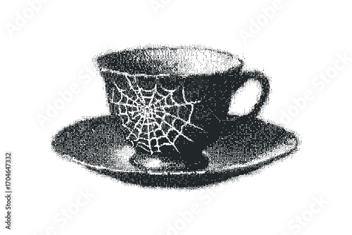 Teacup and saucer with spider web design on transparent background. Vector hand drawn illustration
