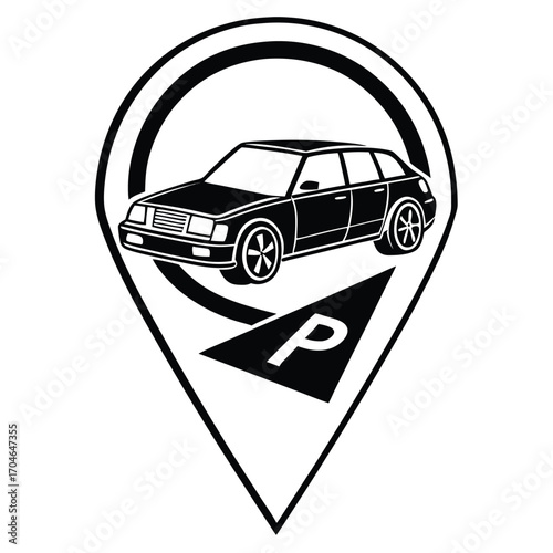 Stylized map pin icon with a station wagon and parking sign inside automobile vehicle