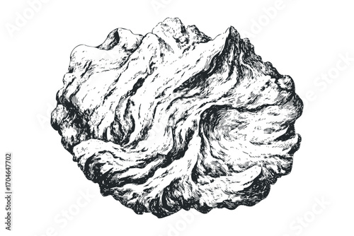 Ink drawn spherical mountain range shape. Vector hand drawn illustration