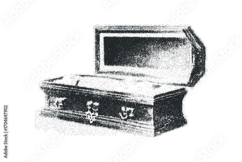 Ornate opened coffin with metal accents on transparent background. Vector hand drawn illustration