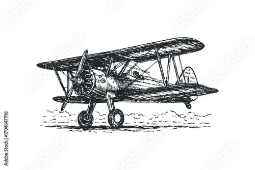 Vintage Biplane with Propeller and Wheels on Transparent Background. Vector hand drawn illustration