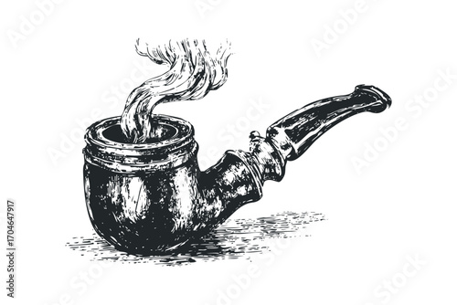 Vintage smoking pipe with rising smoke on transparent background. Vector hand drawn illustration