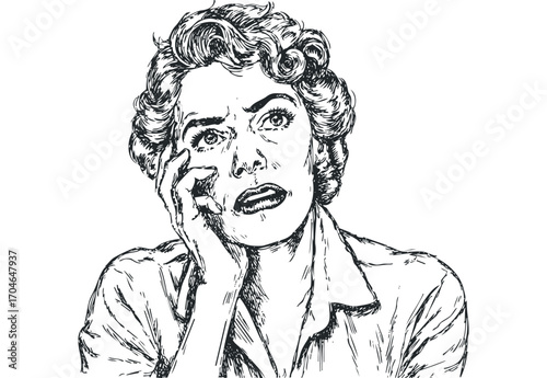 Sketch of a woman looking worried, hand on cheek, transparent. Vector hand drawn illustration