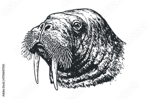 Detailed ink sketch of a walrus head with tusks on transparent background. Vector hand drawn illustration