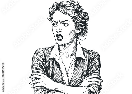 Woman with arms crossed showing frustration on transparent background. Vector hand drawn illustration