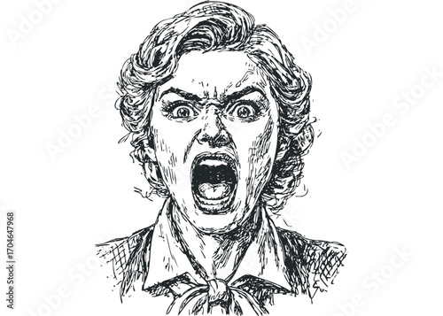 Expressive sketch of a woman screaming with wide eyes on transparent. Vector hand drawn illustration