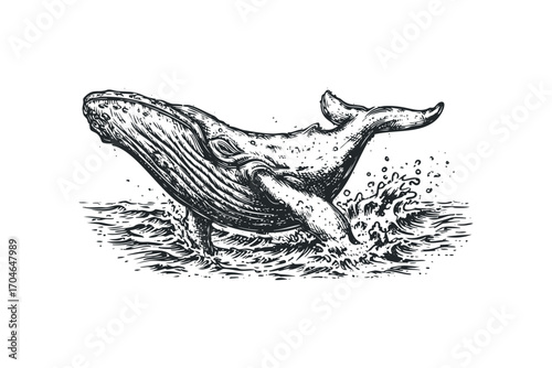 Whale breaching ocean water splash detailed ink sketch. Vector hand drawn illustration