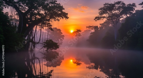 Misty Amazon rainforest river at sunrise with ancient banyan tree and vibrant sky reflection.