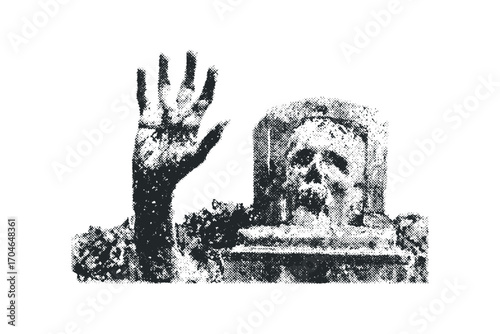 Emerging skeletal hand from tombstone, resurrection concept,. Vector hand drawn illustration