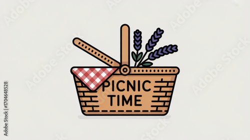 Picnic basket with lavender flowers and checkered blanket for outdoor summer picnic time adventure illustration