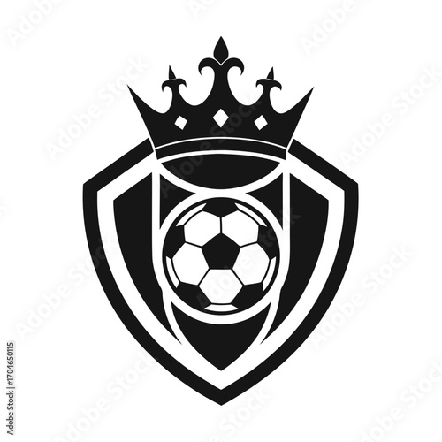 Black and white soccer ball crest with crown and shield emblem on white background football