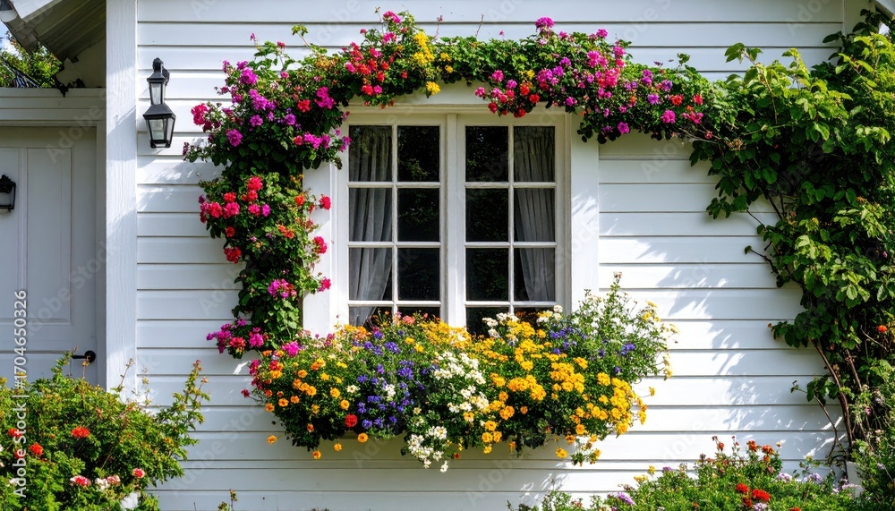 Naklejka premium Colorful floral wreath adorns a white house window