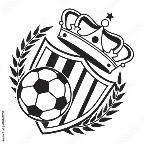 Black and white soccer emblem with crown laurel wreath and shield on white background Keywords: soccer, football, emblem, crest, logo, crown, royalty, king, queen, champion, winner, award, trophy