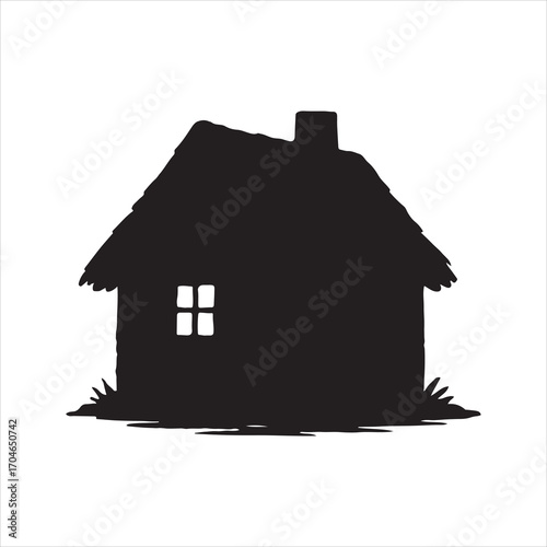 Quaint country home silhouette with thatched roof and chimney against a white backdrop simple and charming residential architecture vector graphic illustration