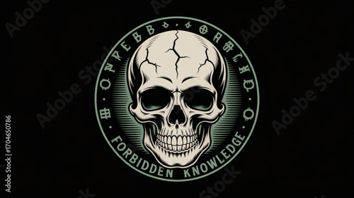 Skull graphic design with forbidden knowledge text for halloween or gothic themes and dark aesthetic art