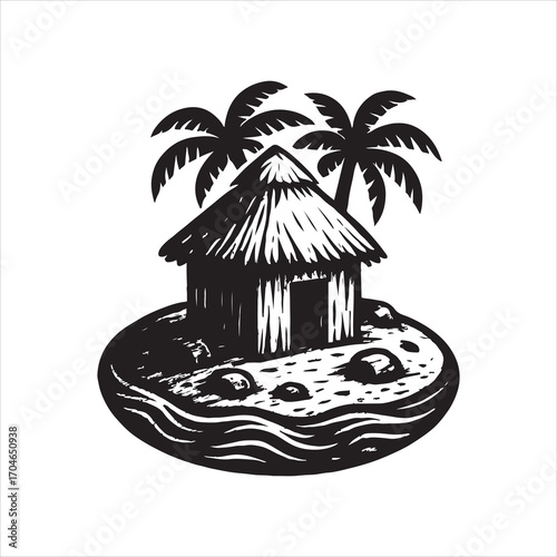 Secluded Tropical Island Retreat featuring a Thatched Hut and Palm Trees an Exotic Getaway Destination Depicted in a Striking Black and White Woodcut Style Illustration
