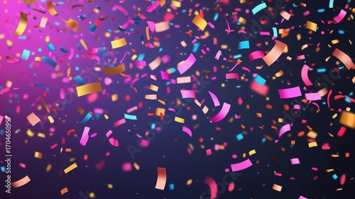 A colorful confetti falling down against a purple and blue gradient background for celebration