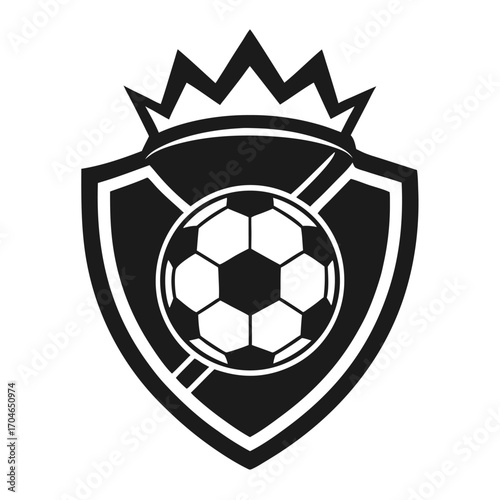 Black and white soccer shield with crown and soccer ball on white background Keywords: soccer, football, emblem, crest, logo, crown, royalty, king, queen, champion, winner, award, trophy, sports