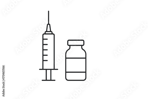 Vaccine injection syringe and vial for health care, minimal outline design for medical industry professionals needing clean, modern graphics for healthcare