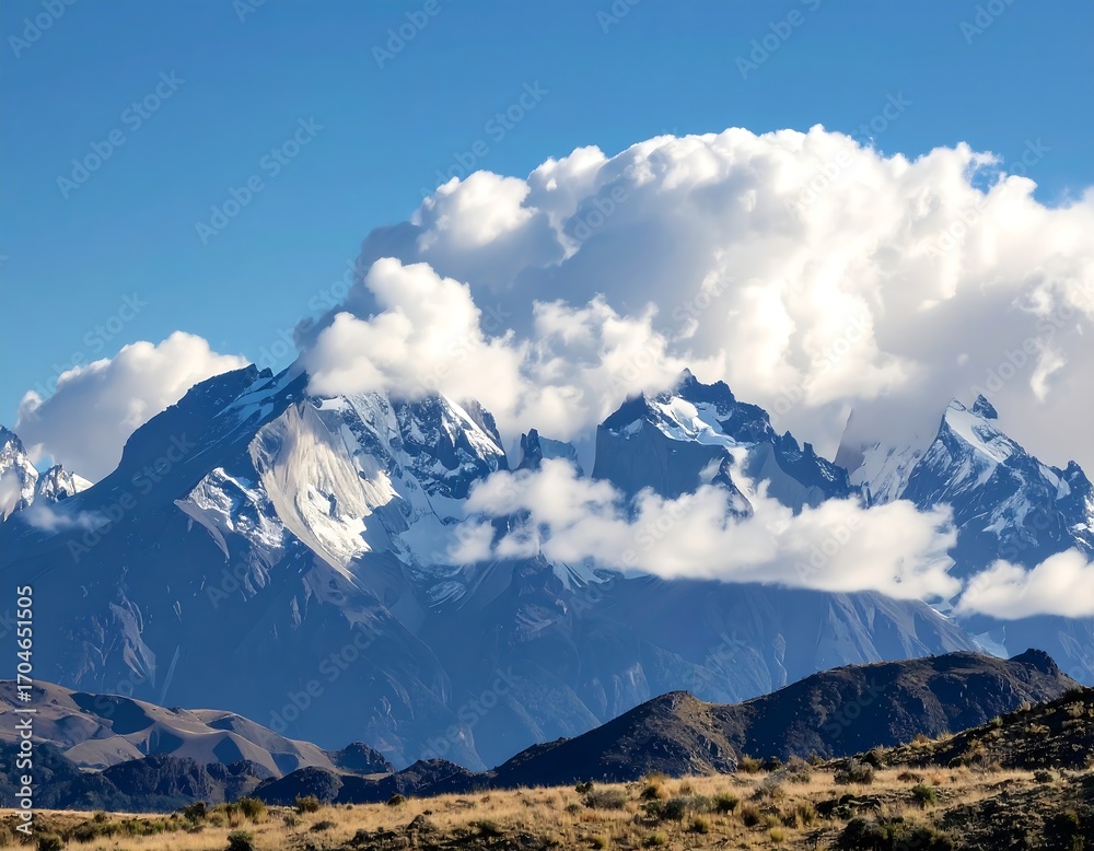 Fototapeta premium Majestic mountains, snow-capped peaks, fluffy clouds, clear sky