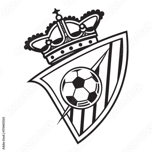 Stylized black and white soccer crest with crown and shield on white background Keywords: soccer, football, emblem, crest, logo, crown, royalty, king, queen, champion, winner, award, trophy