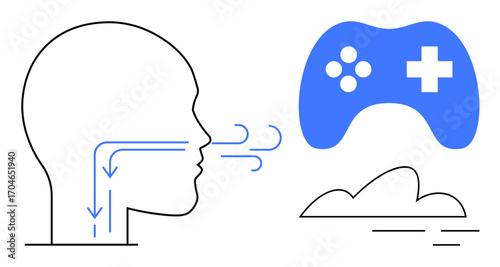 Minimal design showing airflow inside a human profile, a gaming controller, and a calming cloud. Ideal for wellness, breathing exercises, relaxation, gaming therapy, mindfulness, mental health