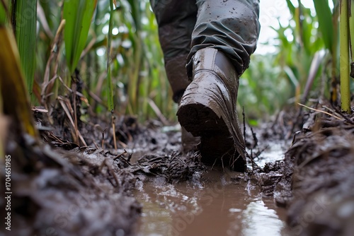 A close up of a sugarcane worker s boots sinking into the thick mud of a sugarcane field