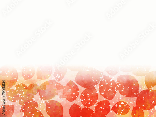 秋の紅葉のイメージの背景素材。水彩風テクスチャー。紅葉の葉っぱのシルエット。鮮やかな色調。うっすら秋色の背景。ふんわりした光の輝き。下側にあしらい。コピースペース。フレーム。