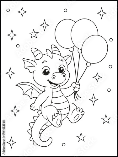 playful baby dragon coloring page featuring a cute cartoon dragon happily flying while holding balloons, surrounded by twinkling stars. Printable coloring sheets for kids and adults.
